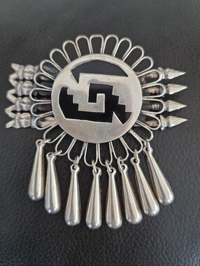 Vintage Aztec Mexican Silver and Onyx Brooch